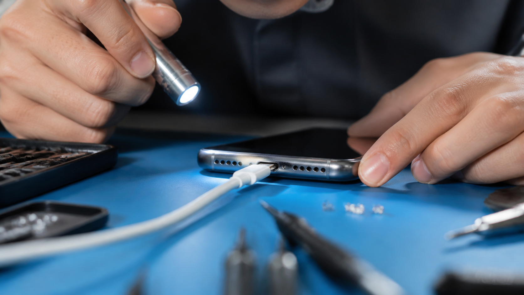 Smartphone charging port and cable inspected under a repair light.