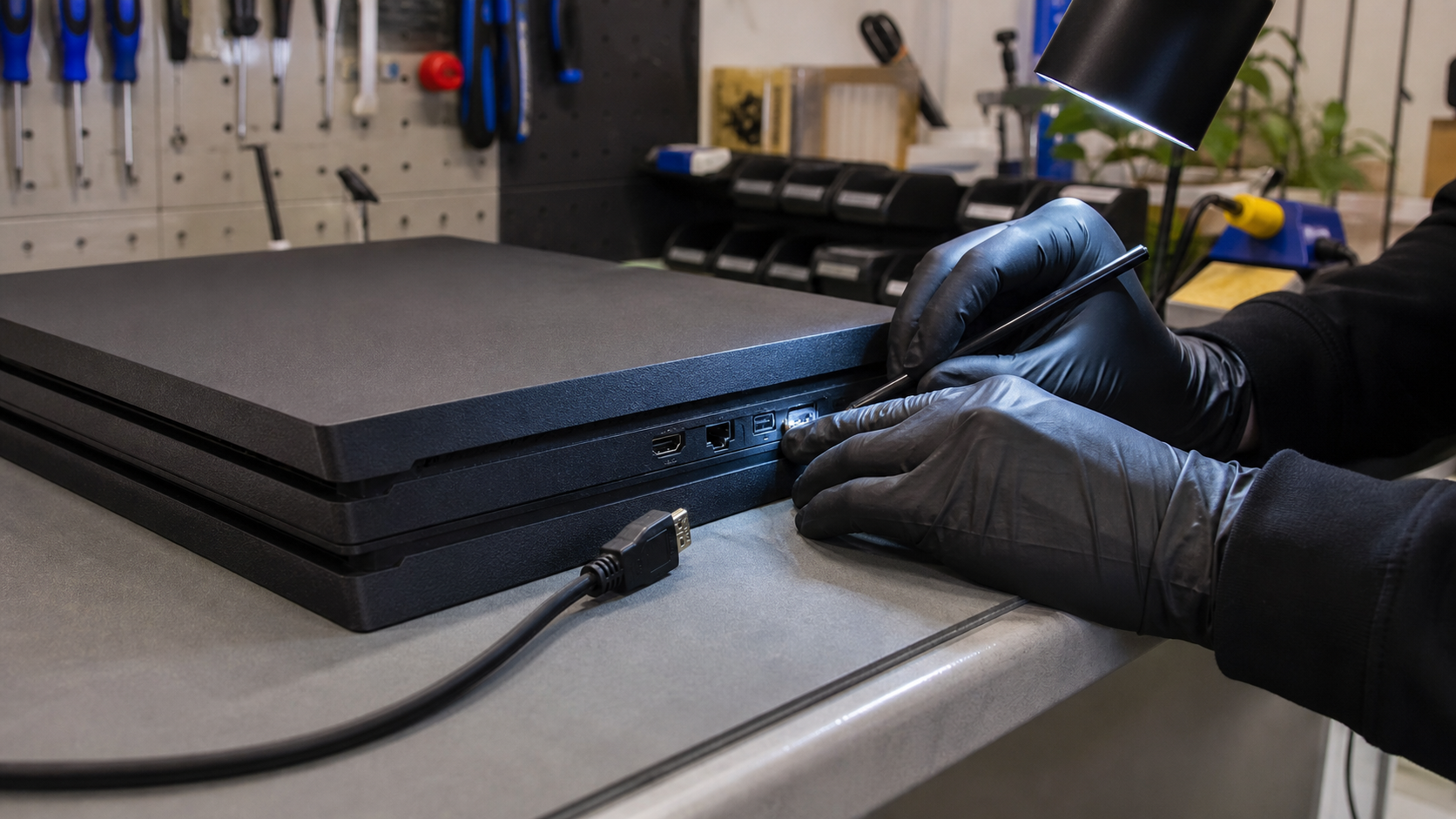 Game console HDMI port being inspected on a professional repair bench.