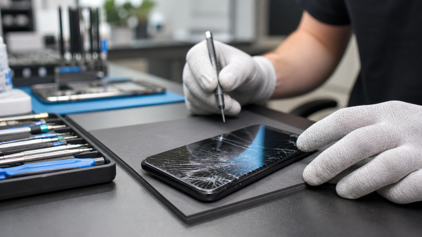 Cracked smartphone screen on a professional repair bench.
