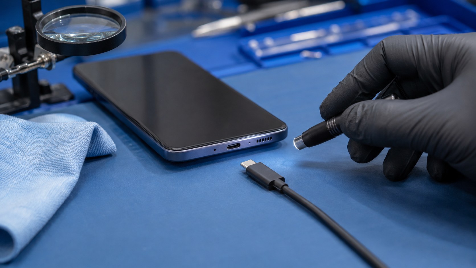 Samsung-style Android phone beside a dry USB-C cable while a technician inspects the charging port.