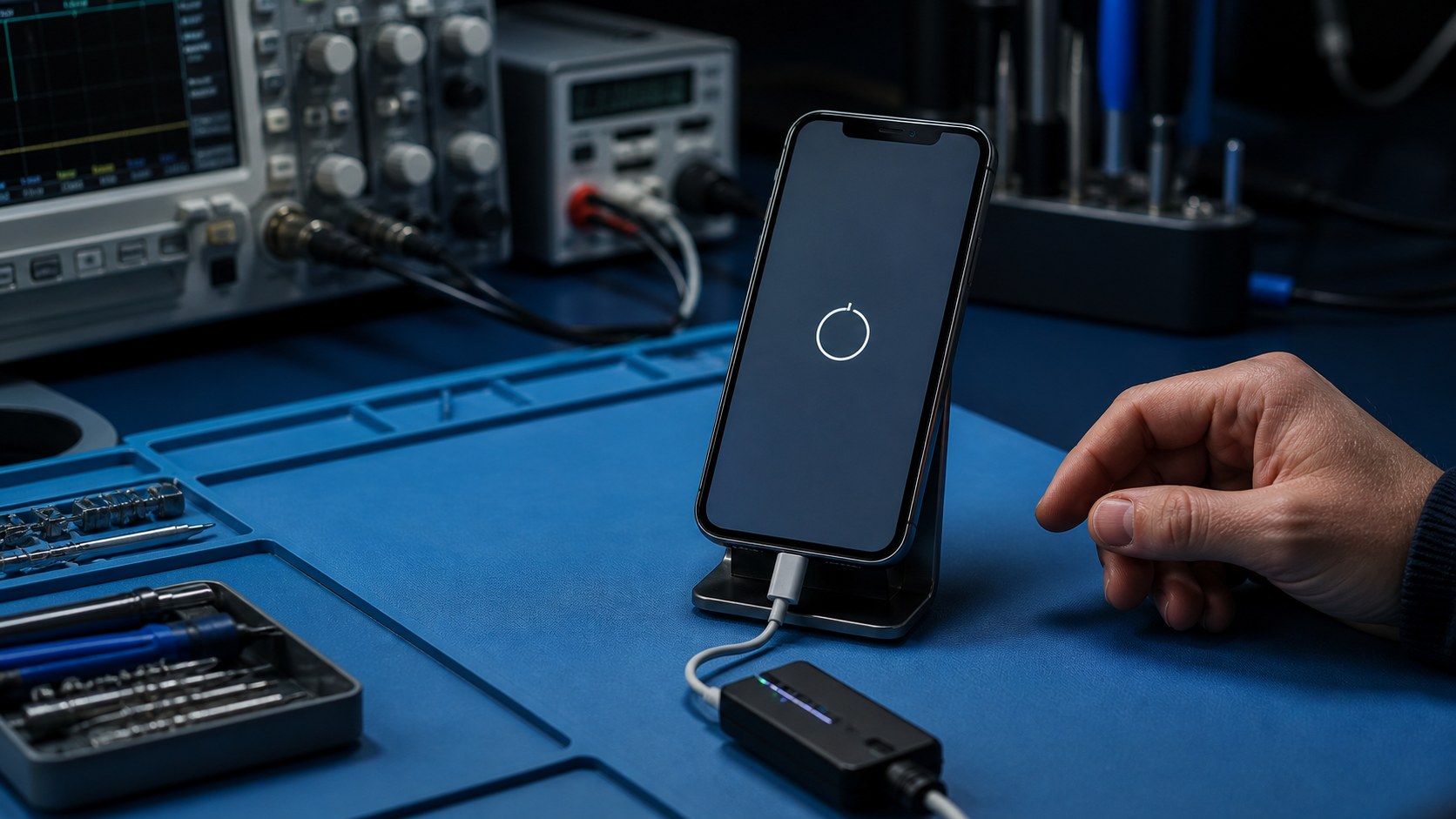 Unbranded smartphone paused on a simple startup symbol while a technician prepares diagnostic tools.