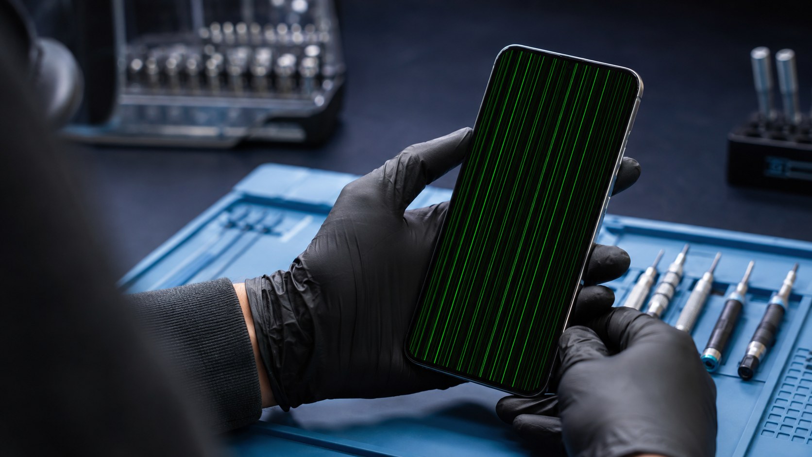 Technician examining green vertical lines on an iPhone display at a repair bench.