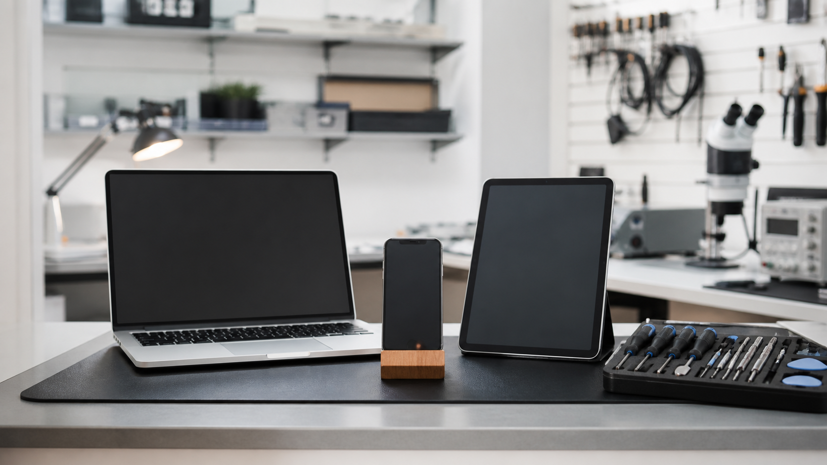 Phone, laptop, and tablet arranged on a professional repair counter.