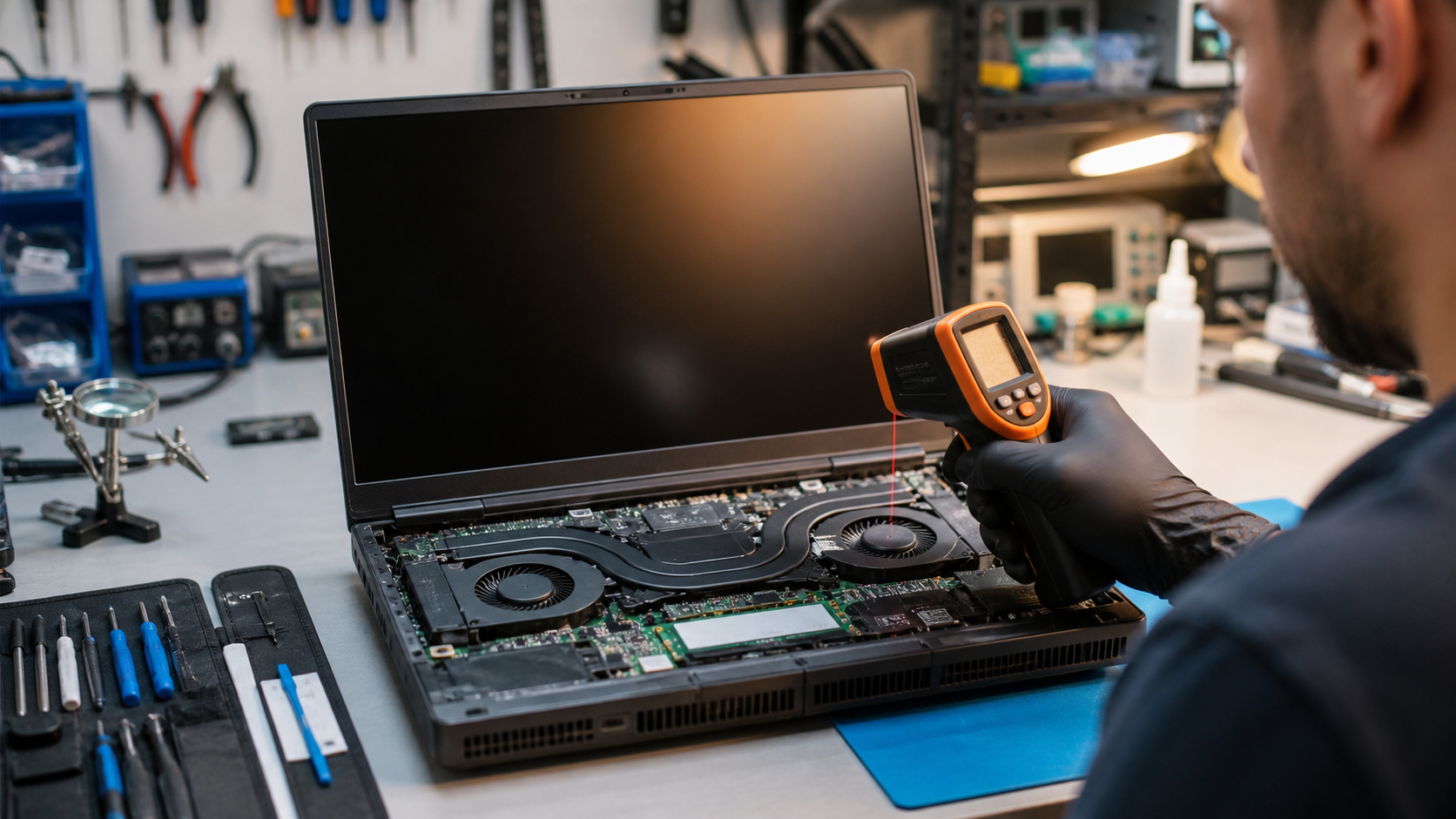 Laptop cooling diagnostic on a professional repair bench.