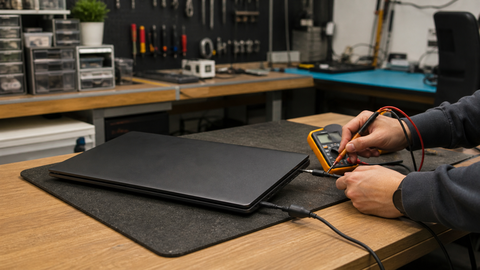 Laptop no-power diagnostic with a connected charger and test meter.