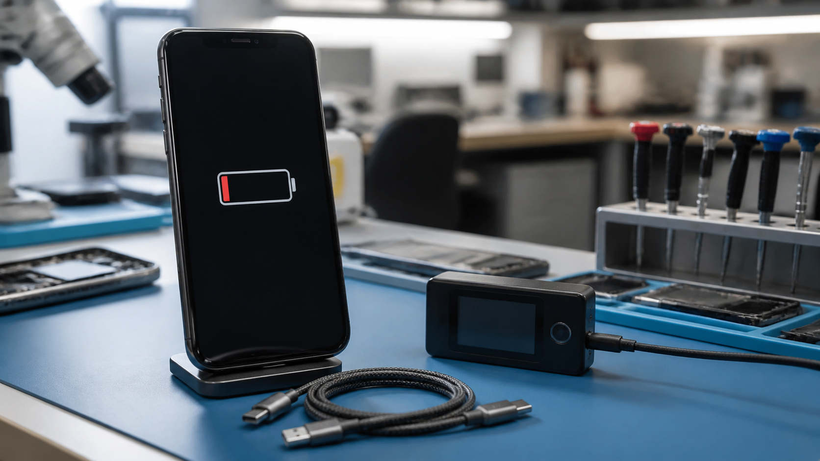 Smartphone battery diagnostic on a professional repair bench.