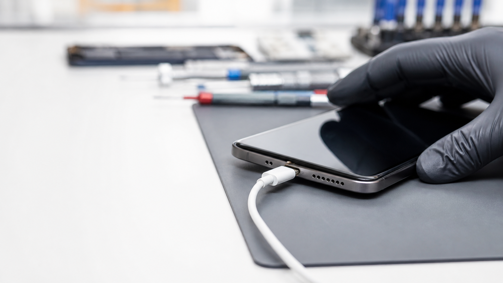 Technician inspecting a smartphone charging port with a cable on a repair bench.