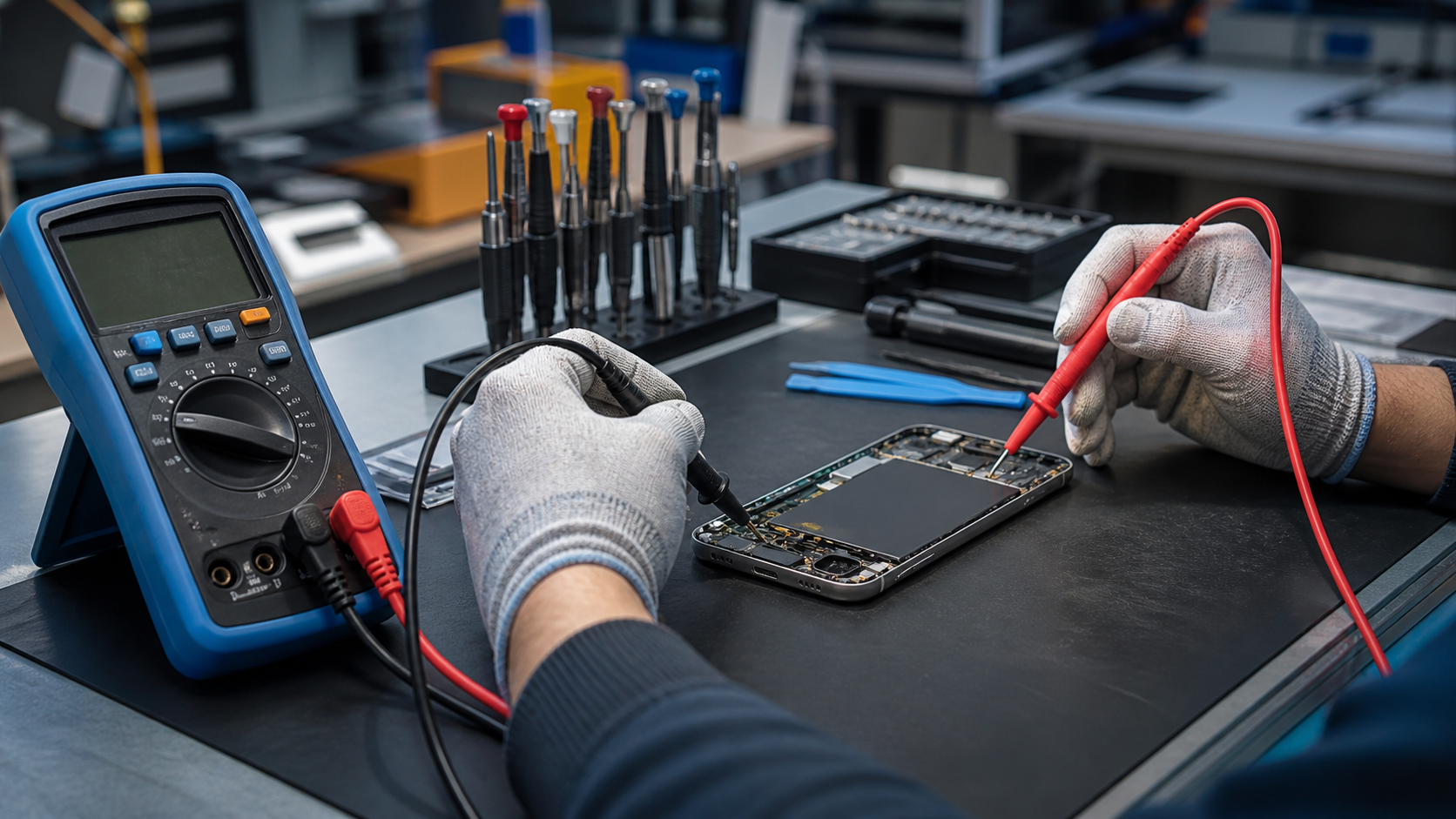 Technician performing a professional smartphone diagnostic.