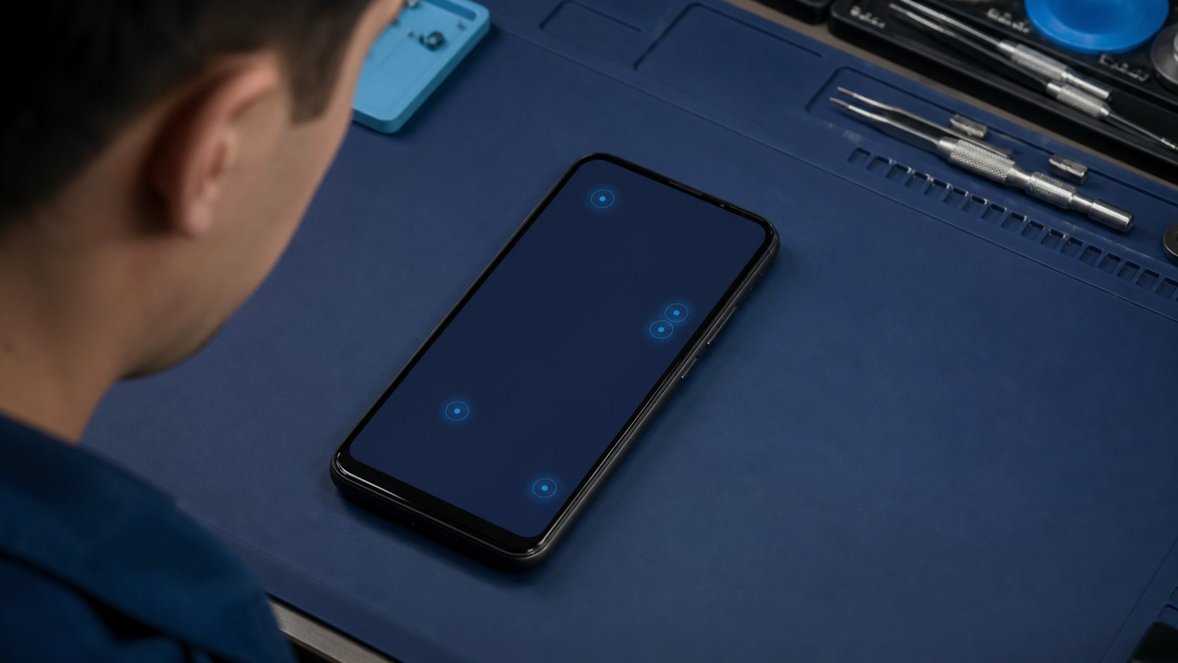 Smartphone display registering unintended touch points during a technician screen test.