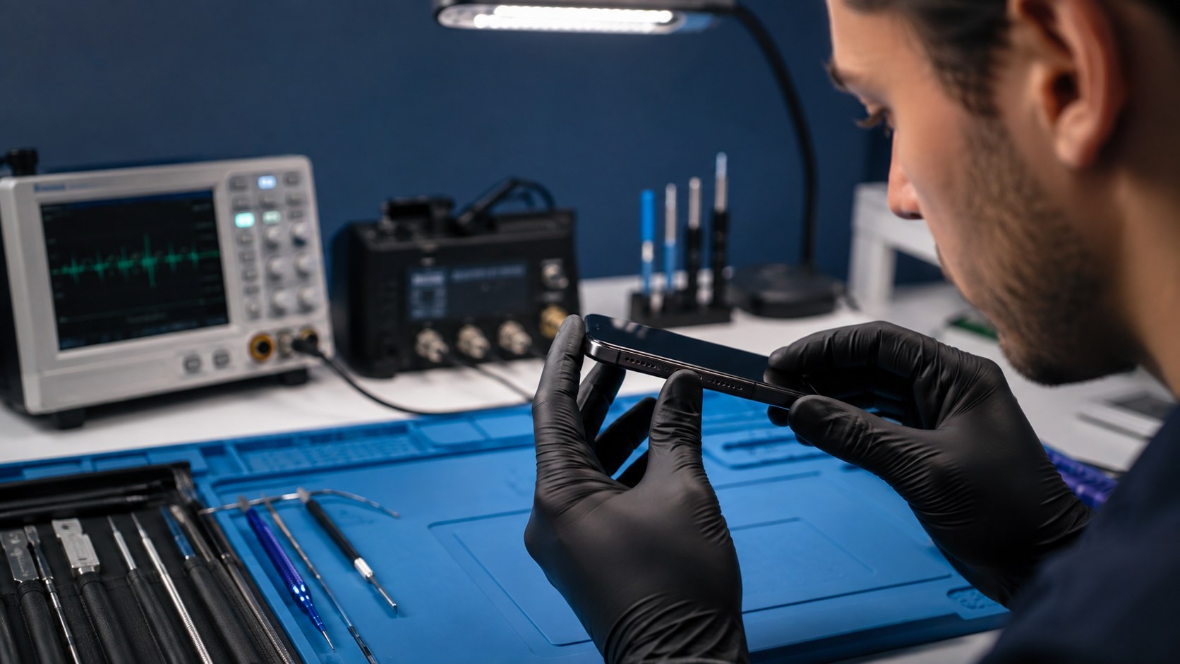 Technician inspecting smartphone microphone openings with audio-test equipment nearby.