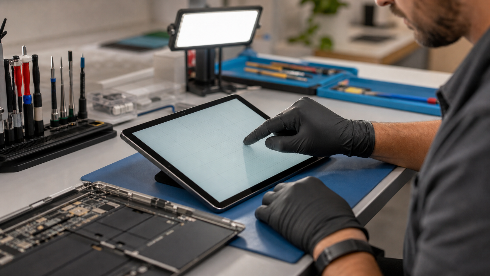 Technician testing a tablet touchscreen on a professional repair bench.