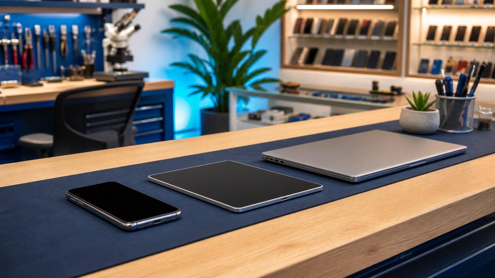 Phone, tablet, and laptop ready at a repair counter