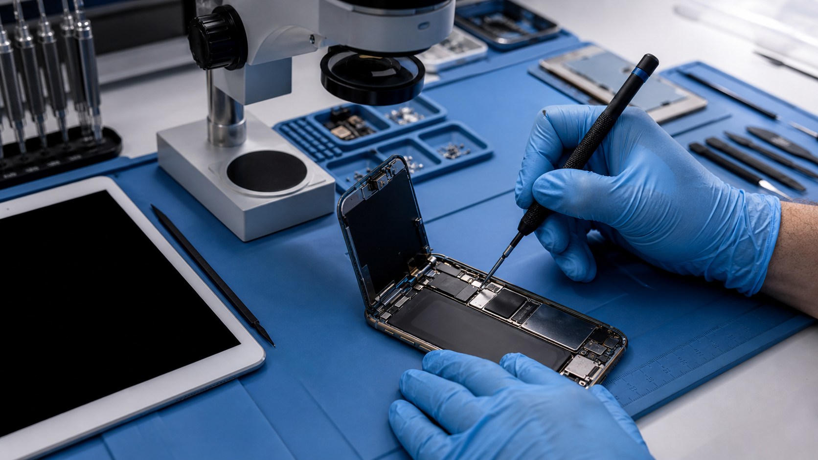 Technician performing a detailed phone diagnosis