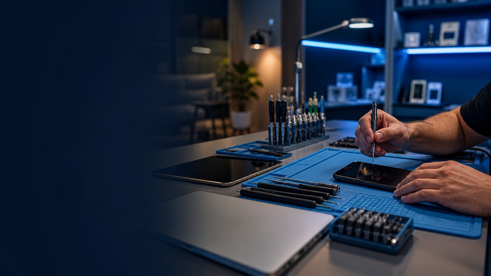 Technician diagnosing a phone at an Anaheim repair bench