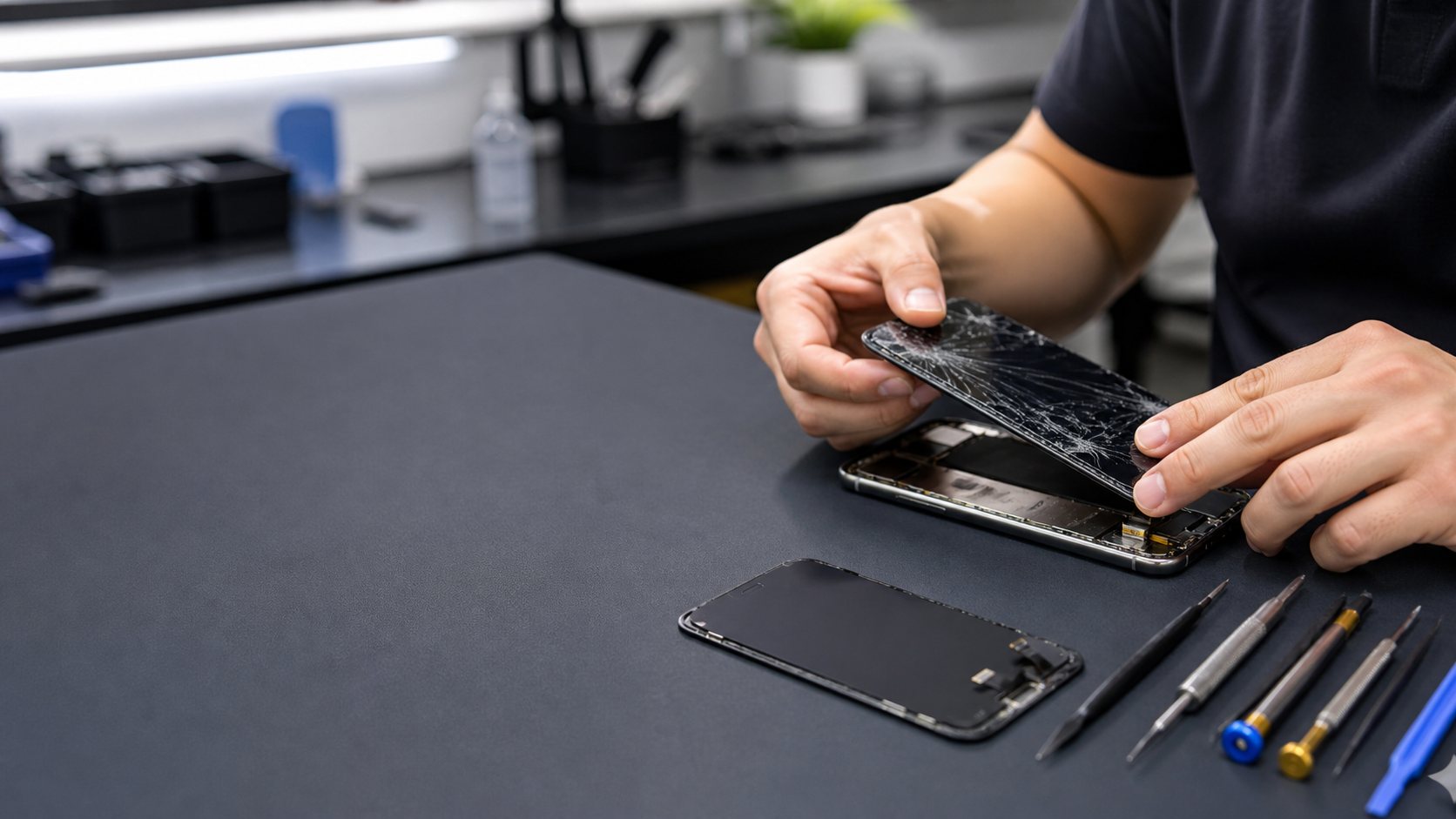 Technician replacing a cracked smartphone display at a repair bench