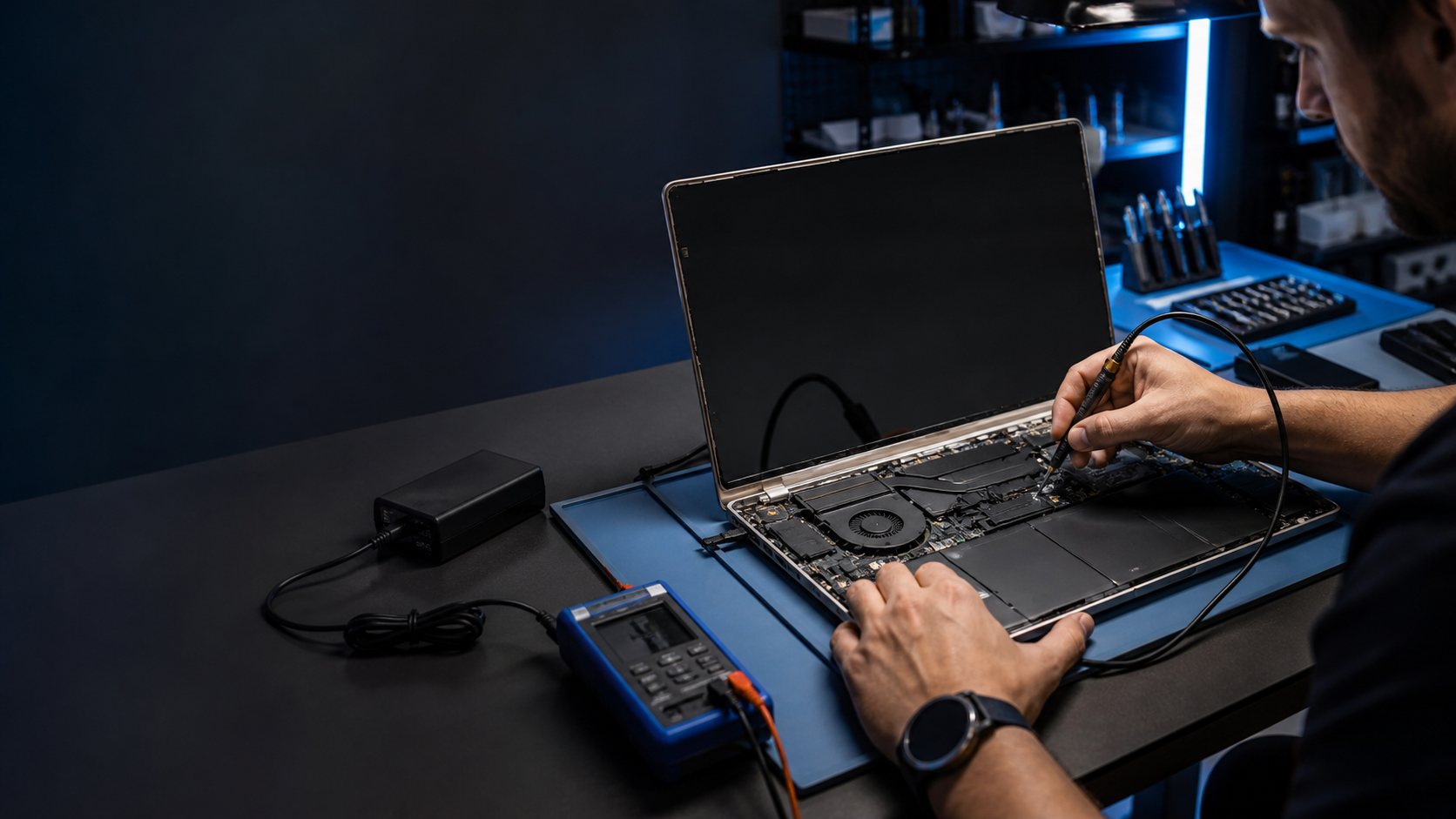 Technician diagnosing an open laptop at a professional repair bench