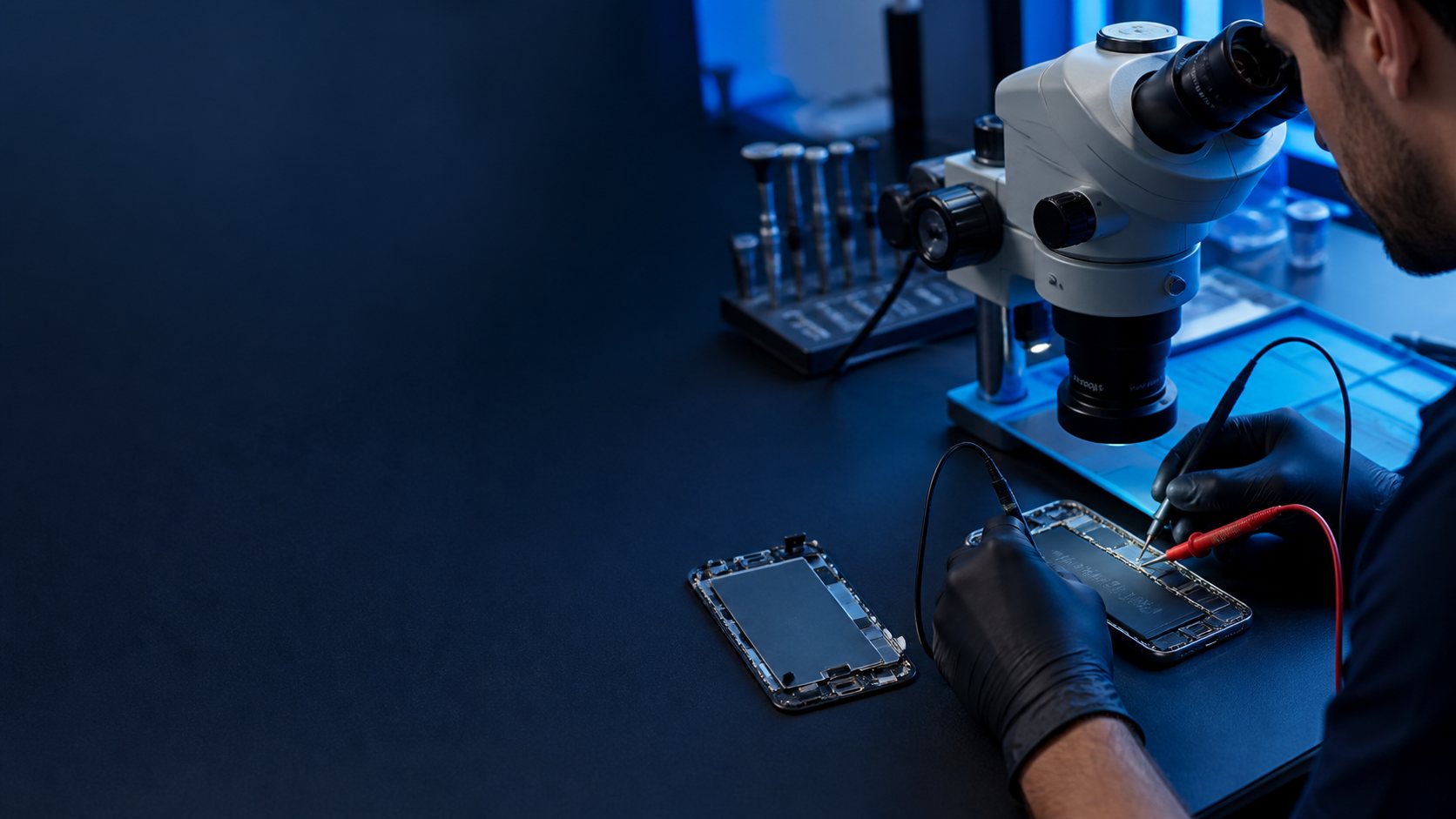 Technician performing board-level diagnosis on a smartphone